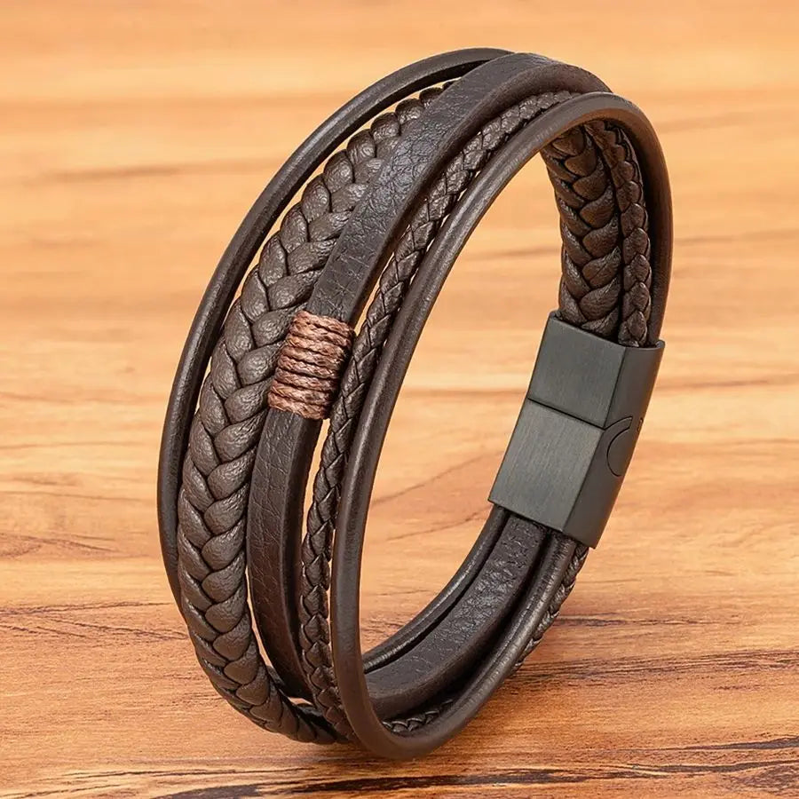 Pulseira Masculina de Couro Trançado com Fecho Magnético em Aço Inoxidável